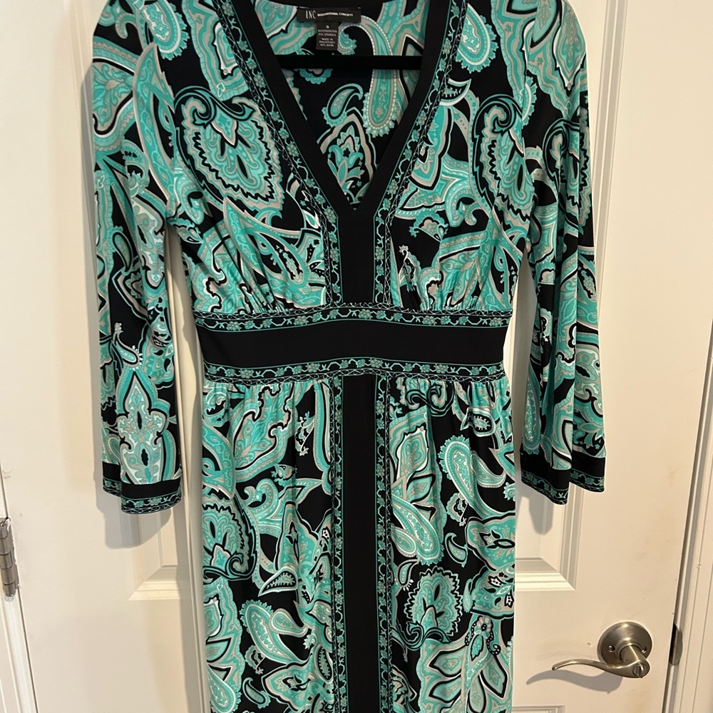 INC International Concepts Blue and Black Sheath Dress with Bell Sleeves